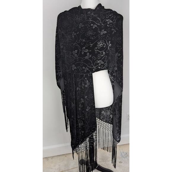 kay Unger burnout silk velvet Wrap/Shawl 58"x 18"+ 12" rayon knotted fringe EUC - Picture 1 of 8